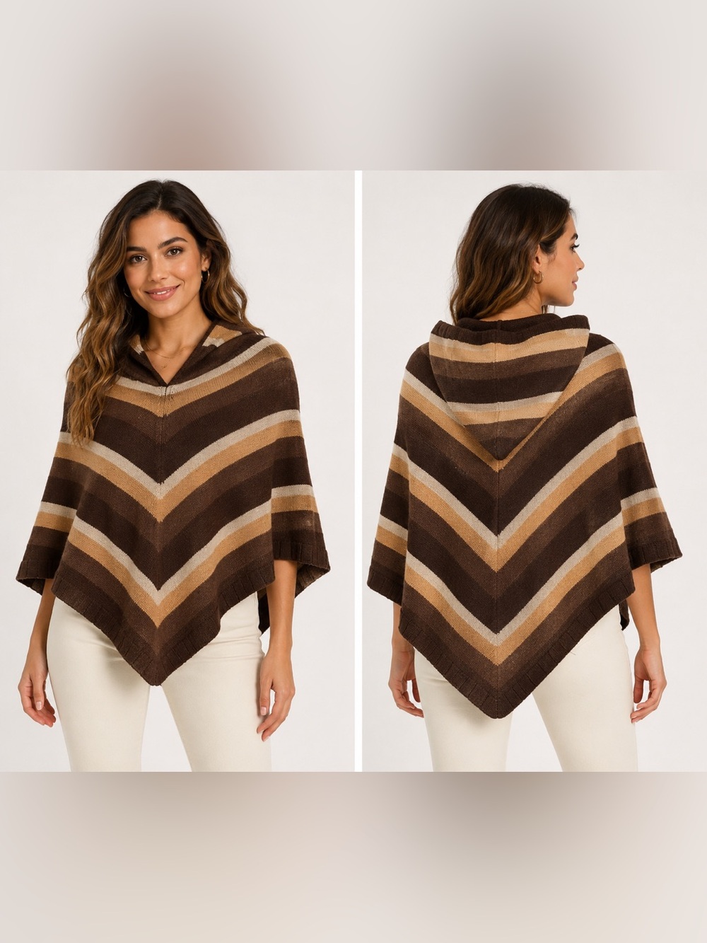 V. Fraas Vintage Chevron Striped Brown Wool Hooded Poncho Sweater Sz. S/M